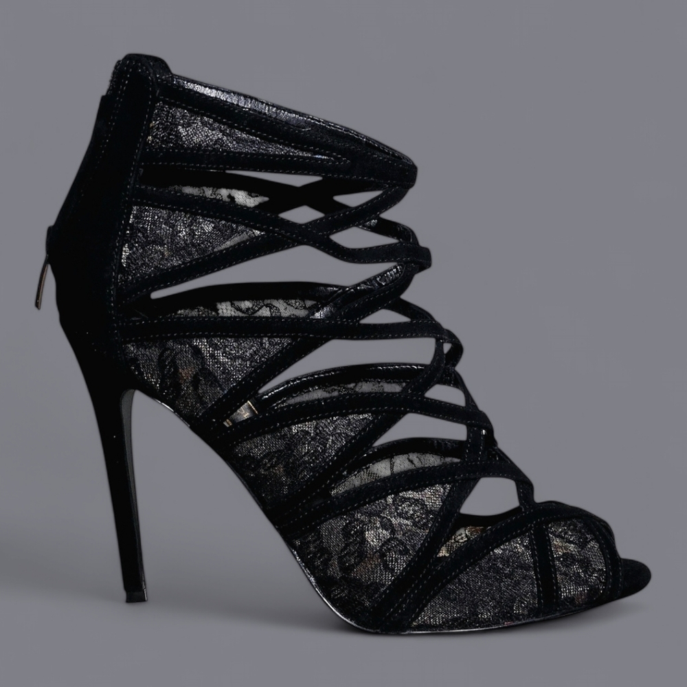 Enzo Angiolini Black Strappy Lace Heels sz 8M